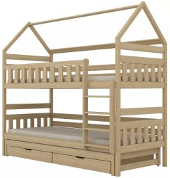 Kocot Kids Łóżko piętrowe domek FELIKS 200x80 sosna nielakierowana drewniane trzyosobowe z szufladami KOCOT KIDS