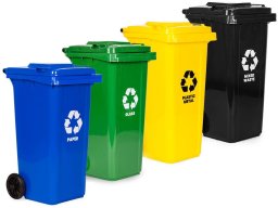Kosz na śmieci Multistore Zestaw 4 koszy na śmieci pojemniki 4x120L niebieski zielony żółty czarny makulatura szkło plastik odpady zmieszane gumowe koła EDUKAMP