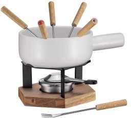 Hurtel Zestaw do fondue Spring Winterthur, dla 6 os., 8 el., ceramika/metal/drewno dębowe, 1,8 l, śred. 20 cm, biały