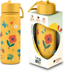 Brosky Brosky Kids Żółta butelka na wodę dla dzieci w kwiaty i owady 550 ml