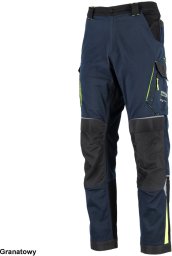 Stalco Spodnie robocze do pasa twill bawełna elastyczne klin w kroku nogawki wydłużenia 5 cm zwężane wiele kieszeni nakolanniki granatowy VIKTOR 3XL