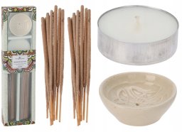 Koopman Zestaw 20 kadzidełek różne zapachy ceramiczna podstawka i tealight świeczka