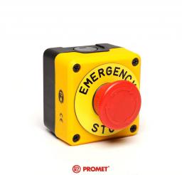  Promet Kaseta czarno-żółta stop bezpieczeństwa ryglowany 40mm (1NC) z tabliczką opisową "Emergency Stop" - P1EC400E40-K