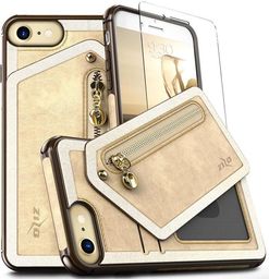  Zizo Zizo Nebula Wallet Case - Skórzane etui iPhone X z kieszeniami na karty + saszetka na zamek + szkło 9H na ekran (Tan/Brown)