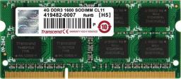Pamięć do laptopa Transcend JetRam, SODIMM, DDR3, 4 GB, 1600 MHz, CL11 (JM1600KSN4G)