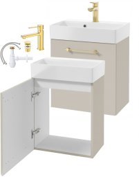 Deftrans Szafka łazienkowa wisząca z umywalką i złotą baterią kaszmir 60x50cm Elara