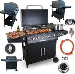 Heckermann Grill gazowy ogrodowy stalowy nierdzewny 5+1 YF-01JY05-B żeliwny ruszt 17,4 kW czarny