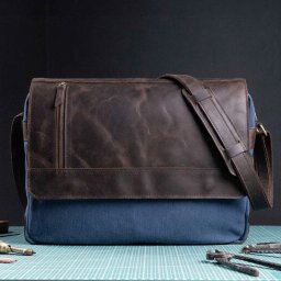 Belveder Vintage Męska na Ramię Skóra i Płótno Brązowo Granatowa Belve