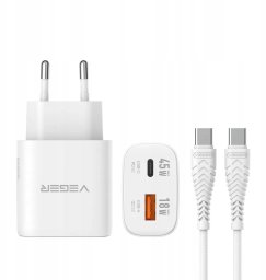 Ładowarka Veger Ładowarka sieciowa do telefonu USB A + Typ C PD Super Charge PPS 45W + kabel Typ C do C 100W VEGER TR101 biała