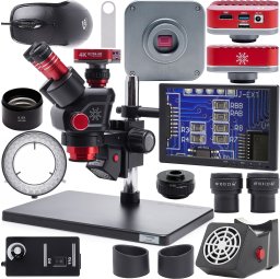 Mikroskop Techrebal Stereoskopowy OptiZoom 6558 DG6558T-B3 + Oświetlenie Barlow 0,5x Muszle Odciąg oparów Kamera Red Angel Wyświetlacz 8"