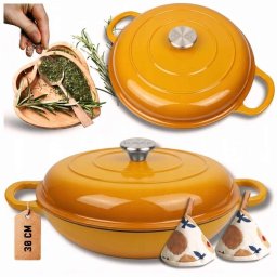 Atusa Emaliowany garnek żeliwny płaski 30cm 3L Hage DN30-mustard