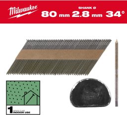 Lun Fix Milwaukee gwoździe 34° pierścieniowe okrągły łeb jasny 80mm /2200szt. do M18FFN
