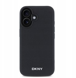 DKNY Tylny pokrowiec PU Leather Silver Metal Logo Magsafe Case for iPhone 16 Black 57983122453