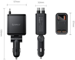 Ładowarka Orico Samochodowa Twin Reach 45W USB-A + USB-C z dwoma zwijanymi kablami USB-C - czarna (6942227174710)