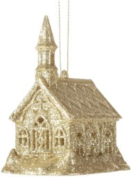 Eurofirany Zawieszka choinkowa kościółek 10cm złota brokat komplet 6 szt