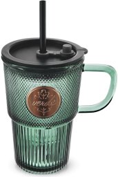Affek Design Kubek szklany z pokrywką i słomką Verde 450 ml (8592381262945)