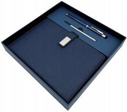 Giftdeco Elegancki zestaw prezentowy granatowy skórzany notes A5 z długopisem w pudełku prezentowym - EE13