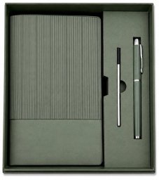 Giftdeco Elegancki Zestaw Prezentowy - Skórzany Notes A5 z Długopisem w Pudełku Prezentowym - Oliwkowa Zieleń - EE14