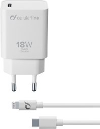 Ładowarka Cellularline Sieciowa z portem USB-C 18 W do szybszego ładowania modeli iPhone 8 lub nowszych z portem USB-C do Lightning (ACHIPHKITC2LPD18WW)