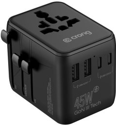 Zasilacz Crong One World Travel Adapter – Uniwersalny adapter podróżny GaN 45W UK/EU/US/AU (czarny) (CRGTAGN45BLK)