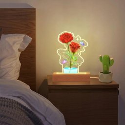Lampka biurkowa Gordon Akrylowa lampka nocna LED z podświetlaną różą i drewnianą podstawą