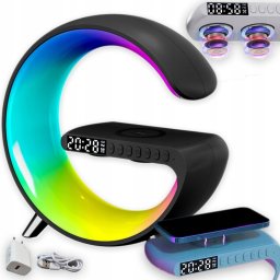 Lampa stołowa Atmosphere Lampa LED RGB ładowarka indukcyjna 15W + zegar + głośnik Bluetooth Czarna