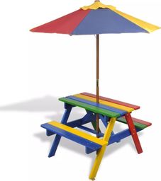  vidaXL stół dla dzieci z ławkami i parasolem, wielokolorowy, drewniany (40773)