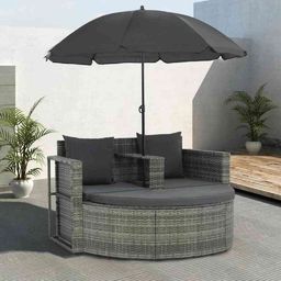  vidaXL 2 osobowa sofa z poduszkami i parasolem, polirattan, szara (44478)