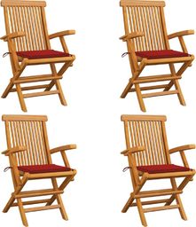  vidaXL Krzesła ogrodowe, czerwone poduszki, 4 szt., lite drewno tekowe