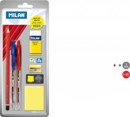 Milan Zestaw Milan: 2 długopisy P1, ołówek sześciokątny HB, gumka 6024, temperówka, bloczek karteczek