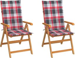 vidaXL Krzesła ogrodowe, 2 szt., z poduszkami w czerwoną kratę, tekowe (3062389)
