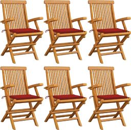  vidaXL Krzesła ogrodowe, czerwone poduszki, 6 szt., drewno tekowe