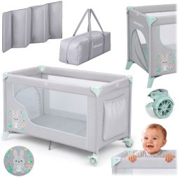 Ricokids Łóżeczko turystyczne + materac + torba 125 x 65 x 78 cm RK-240 szaro-miętowe