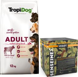  TropiDog Premium Adult medium & large breed wołowina z ryżem 12kg + Preparat dla psów wspomagający prawidłowe odżywianie 9g