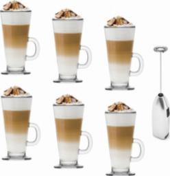  Tadar Zestaw 6 szklanek Tadar Caffee Latte 250 ml i elektryczny spieniacz do mleka