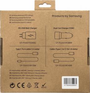 Ładowarka Samsung Samsung Charger set zestaw ładowarka samochodowa 15W, ładowarka sieciowa 25W, kabel USB - USB Typ C 1,5m, kabel USB Typ C 1,8m 3A (eco pack) czarny 7