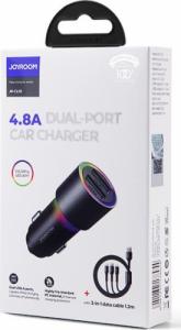 Ładowarka Joyroom Joyroom samochodowa ładowarka 2 x USB z podświetleniem 24W + kabel zasilający 3w1 USB Typ C / micro USB / Lightning 1,2m czarny (JR-CL10) 5
