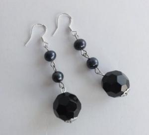 Srebro i Kamienie Srebrne kolczyki z czarnym kryształem i perłą black crystal 1