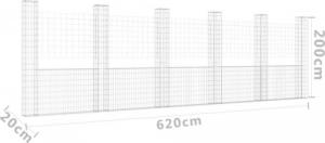 vidaXL Ogrodzenie gabionowe z 6 słupkami, żelazo, 620x20x200 cm 6
