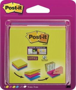 Post-It 3M Multi kostka samoprzylepna POST-IT_ Super Sticky (2014-SC-BYFG),76x76mm, 4x75 kart., mix kolorów 1