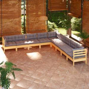 vidaXL vidaXL 9-cz. zestaw wypoczynkowy do ogrodu, szare poduszki, sosnowy 1