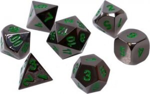 Rebel Komplet kości REBEL RPG - Metal - Czarna stal z zielonymi numerami 1