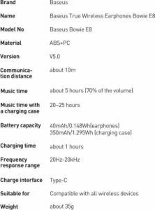 Słuchawki Baseus Baseus E8 bezprzewodowe słuchawki Bluetooth 5.0 TWS douszne wodoodporne IPX5 biały (NGE8-02) 4