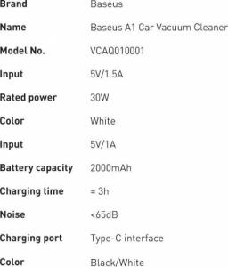 Odkurzacz ręczny Baseus Baseus A1 mini bezprzewodowy odkurzacz samochodowy 4000Pa, 30W biały (VCAQ010002) 3