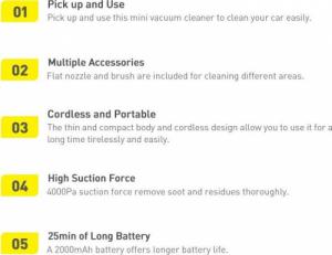 Odkurzacz ręczny Baseus Baseus A1 mini bezprzewodowy odkurzacz samochodowy 4000Pa, 30W czarny (VCAQ010001) 28