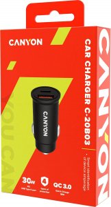 Ładowarka Canyon Canyon, PD 30W/QC3.0 18W Pocket size car charger with 1-USB A+ 1-USB-C Input: DC12V-24V, Output: USBC: PD30W( 5V3A/9V3A/12V2.5A/15V2A/20V1.5A),USB-A:QC3.0 18W (5V3A 3