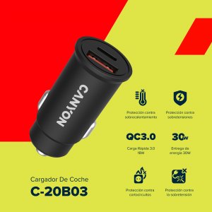 Ładowarka Canyon Canyon, PD 30W/QC3.0 18W Pocket size car charger with 1-USB A+ 1-USB-C Input: DC12V-24V, Output: USBC: PD30W( 5V3A/9V3A/12V2.5A/15V2A/20V1.5A),USB-A:QC3.0 18W (5V3A 4