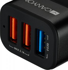 Ładowarka Canyon CANYON C-07 Universal 3xUSB car adapter(1 USB with Quick Charger QC3.0), Input 12-24V, Output USB/5V-2.1A+QC3.0/5V-2.4A&9V-2A&12V-1.5A, with Smart IC, black rubber coating+black metal ring+QC3.0 port with blue/other ports in orange 2