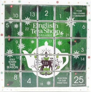 Kalendarz adwentowy English Tea Shop Zestaw herbatek świątecznych Green Puzzle 25 piramidek Bio 50g 1
