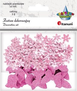 Titanum Cekiny kwiaty + naklejki mix różowe 12szt 1